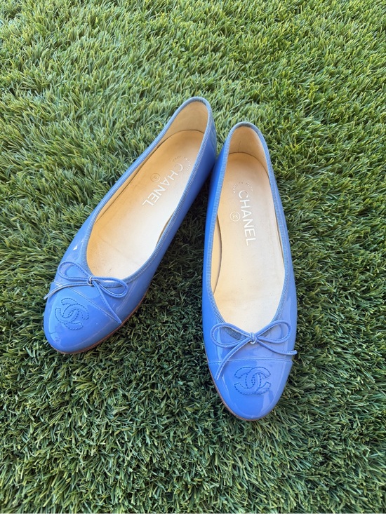 CHANEL Shoes - CHANEL Light Blue Patent Leather Bow Ballet Flats